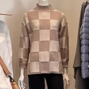 NEW Size Small Margaret O’Leary Checkerboard Pullover Brown Mock Tunic Sweater